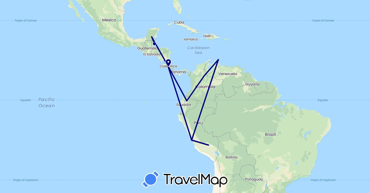 TravelMap itinerary: driving in Belize, Costa Rica, Ecuador, Mexico, Netherlands, Peru (Europe, North America, South America)